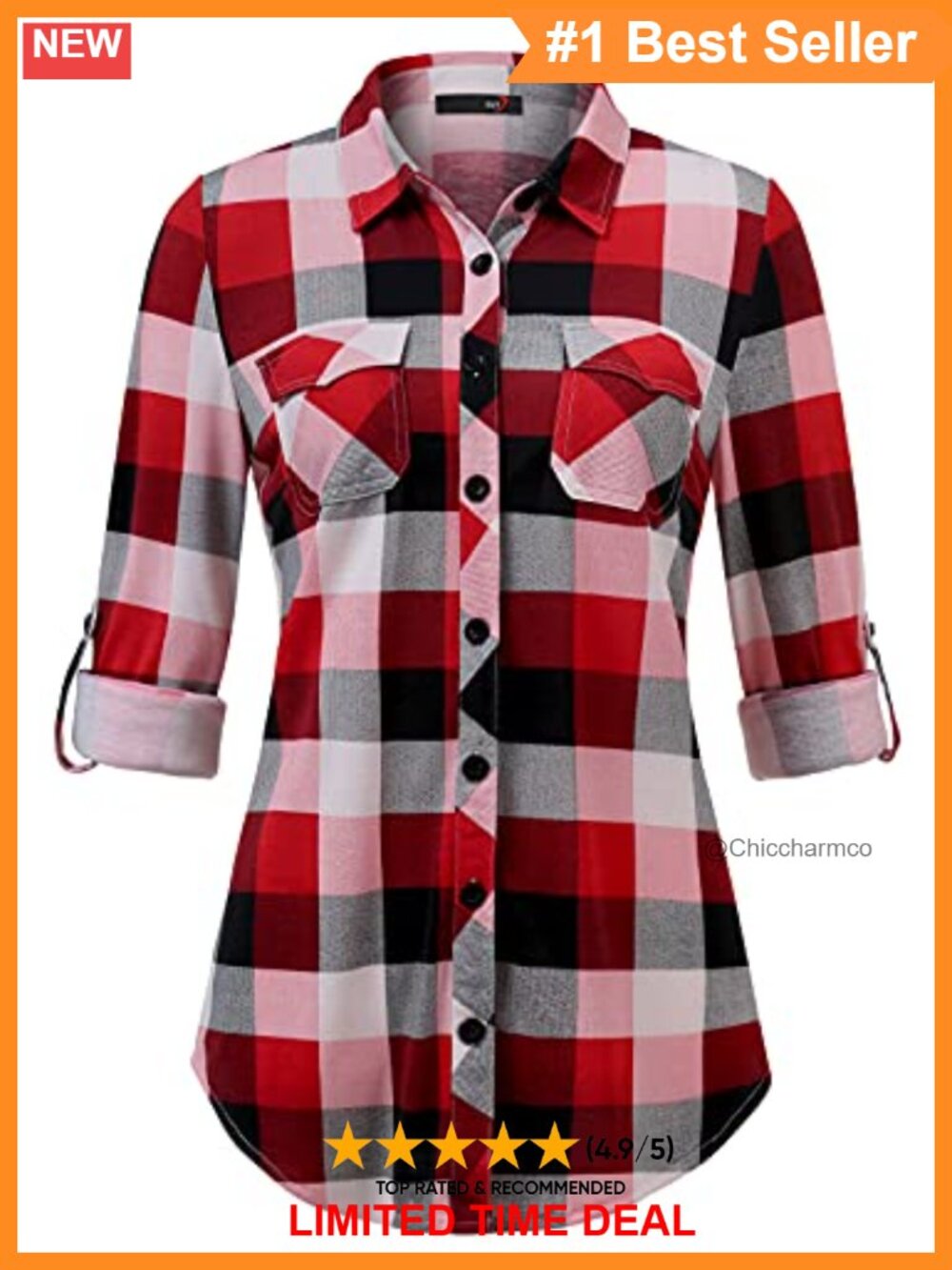 Women's Soft Stretchy Knit Plaid Button Down Blouse Roll Up Long Sleeve Collared